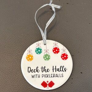 Festive Pickleball Holiday Ornament, “Deck the Halls with Pickleballs” 3” Dia